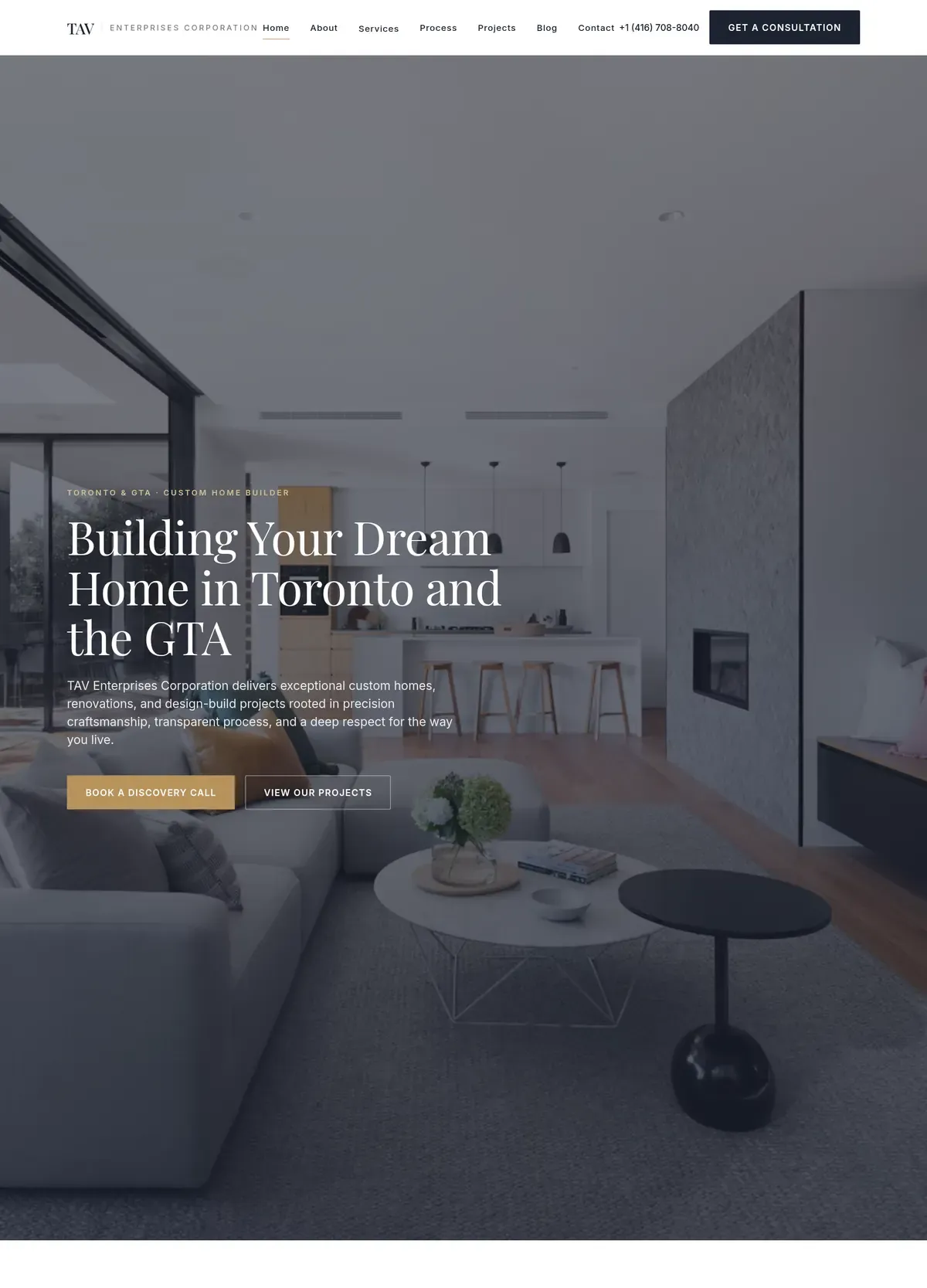 نمای سایت tavhomes.ca — ساخت خانه‌های سفارشی